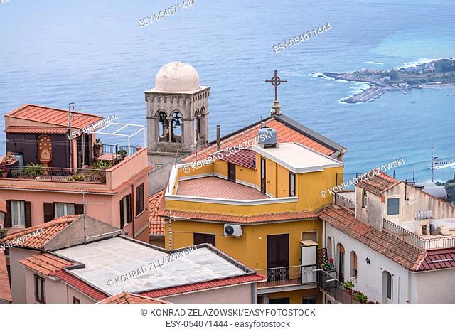Castelmola town in the Province of Messina in the Italian region Sicily, view with bell tower of San Nicolo di Bari church