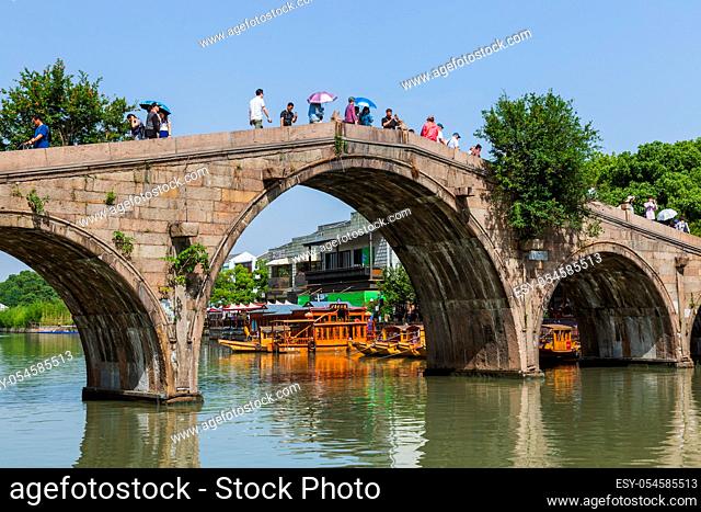 Shanghai, China - May 23, 2018: Bridge across the canal in Zhujiajiao water town