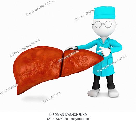 doctor with stethoscope explores the human liver, 3D illustration
