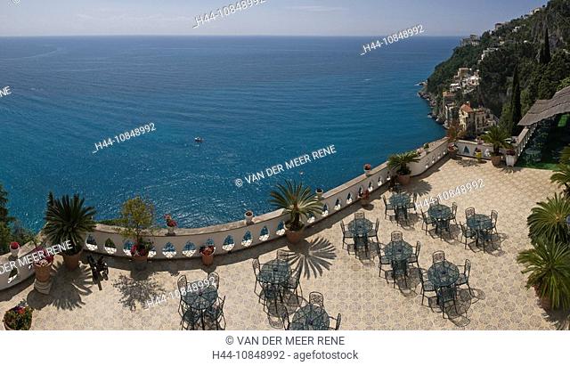 Italy, Europe, Hotel, Conca dei Marini, Campania region, Restaurant, Terrace, tables, chairs, sea, coast, Mediterranea