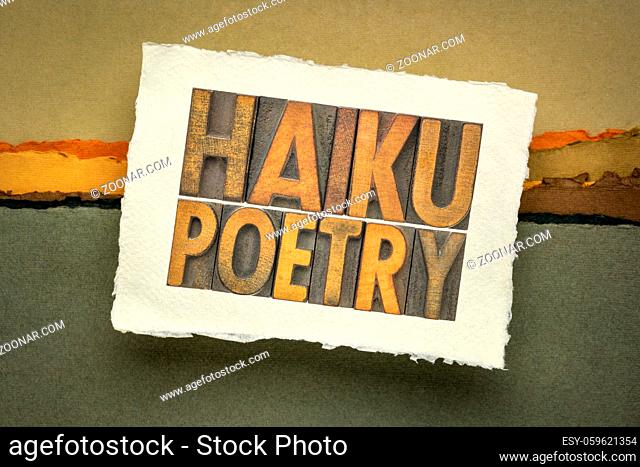 haiku poetry - a very short form of Japanese poetry - isolated word abstract in vintage letterpress wood type in a sketchbook against abstract landscape