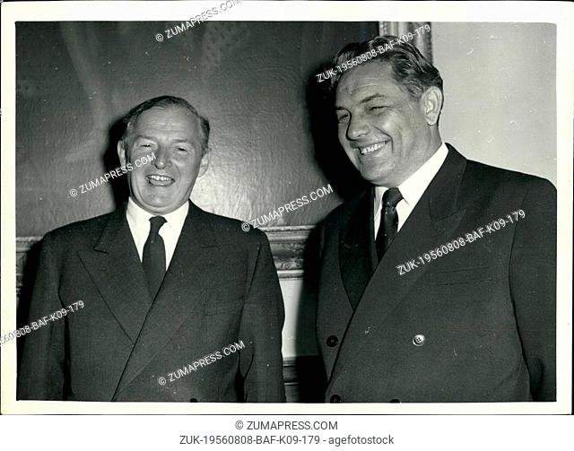 Aug. 08, 1956 - Pre-Suez conference meeting at Foreign office. Dimitri Shepilov and Selwyn Lloyd.: Many delegates to tomorrow's Suez conference - attend a...