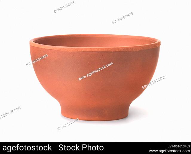 Front view of empty unpainted clay bowl isolated on white