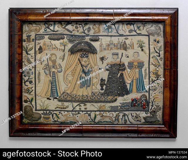 Picture with stumpwork embroidery. Date: 17th century; Culture: British; Medium: Silk and metal thread on silk, pearls, beads; Dimensions: H