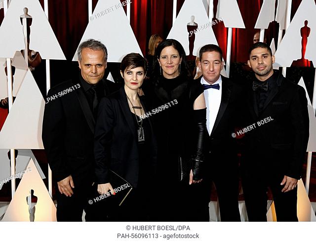 Film team of the movie 'Citizenfour' with Dirk Wilutsky (L-R), Mathilde Bonnefoy, Laura Poitras, Glenn Greenwald and David Miranda attend the 87th Academy...