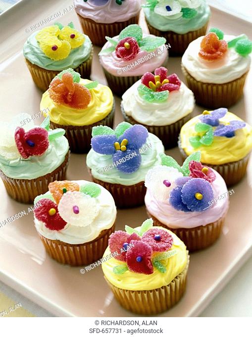 Platter of Cupcakes Decorated with Sugar Blossoms