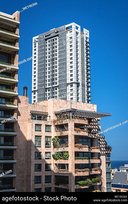 Residential buildings in Minet El Hosn district of Beirut, Lebanon, view with La Citadelle De Beyrouth building