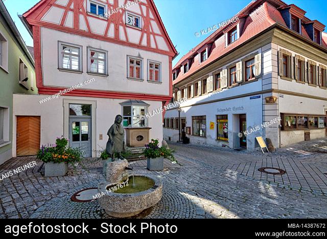 Fountain at the market, house facade, half-timbering, village view, autumn, Dettelbach, Franconia, Bavaria, Germany, Europe