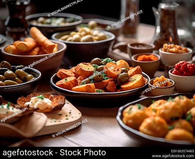A close-up shot of a tapas spread, showcasing an array of bite-sized Spanish dishes such as patatas bravas, albondigas, and olives