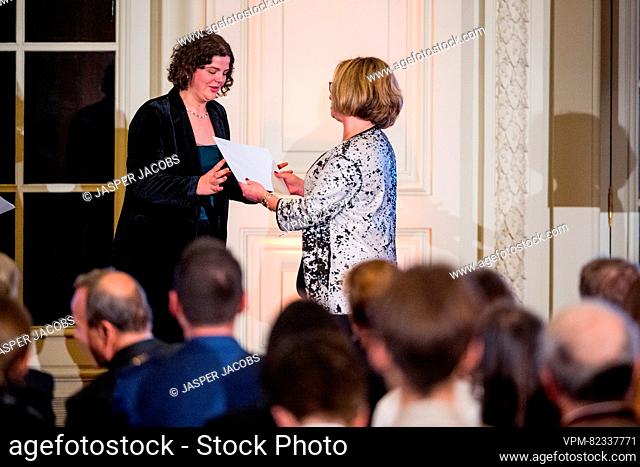 Winner Jani Lambrechts pictured during the award ceremony of the 2023 edition of the Belgodyssee prize for young journalists, at the Royal Palace in Brussels