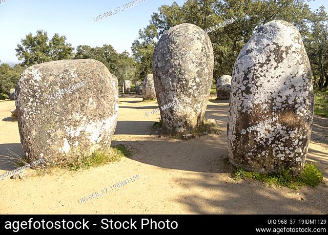 Neolothic stone circle of granite boulders,  Cromeleque dos Almendres, Evora district, Alentejo, Portugal, southern Europe