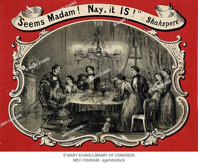 Seems Madam! Nay, it is! Shakspere sic. Print shows a group of adults and one child gathered around a table viewing stereographs