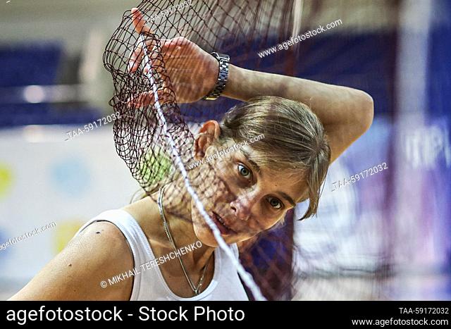 RUSSIA, MOSCOW REGION - MAY 18, 2023: A woman takes part in a badminton match as part of the Parafest Paralympic sports festival at the Borisoglebsky Sports...