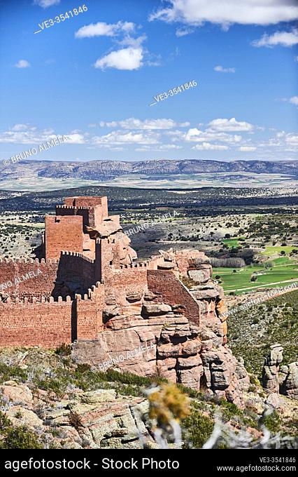 Peracense Castle in Menera mountain range. In the background Jiloca valley, Teruel province (region of Aragon, Spain)