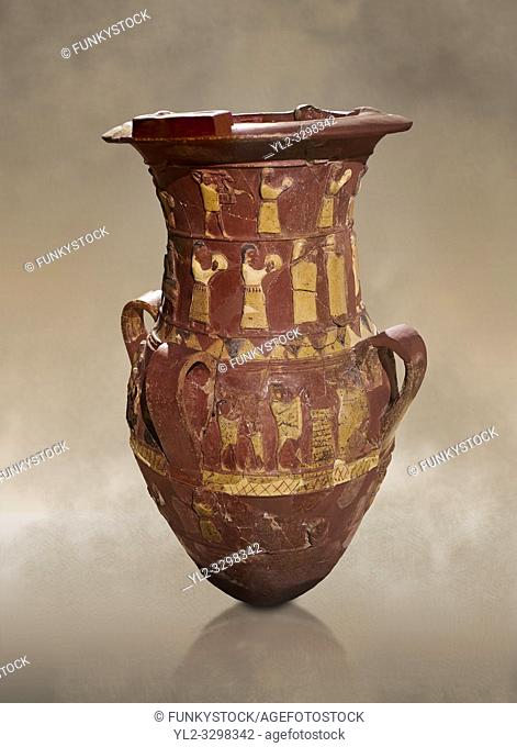 Inandik Hittite relief decorated cult libation vase with four decorative friezes featuring figures coloured in cream, red and black