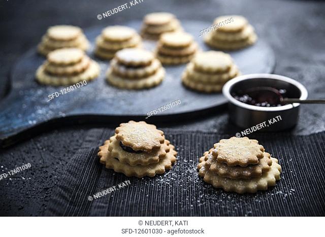 Vegan tower biscuits filled with blackcurrant jam