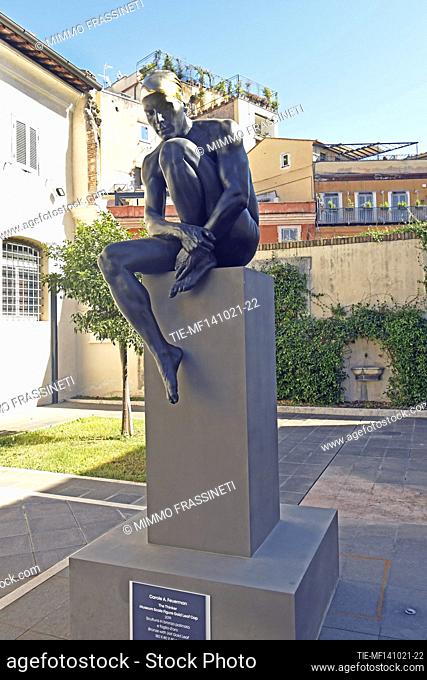 Sculpture The Thinker, 2019. American artist Carole A. Feuermann exposes at the Galleria Comunale d'Arte Moderna (Municipal Gallery of Modern Art) in Rome