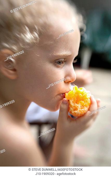 girl age 8 Sasha eats an orange, summer, Poughkeepsie, NY soft focus effect
