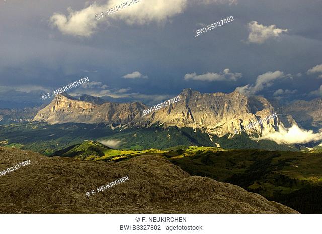 view from Sella group to Fanes group after thunderstorm in evening light, Italy, Dolomites