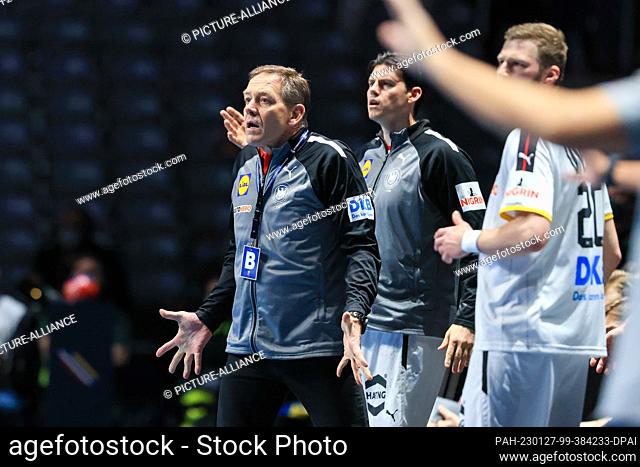 27 January 2023, Sweden, Stockholm: Handball: World Cup, Germany - Egypt, final round, placement rounds 5-8 at Tele2 Arena