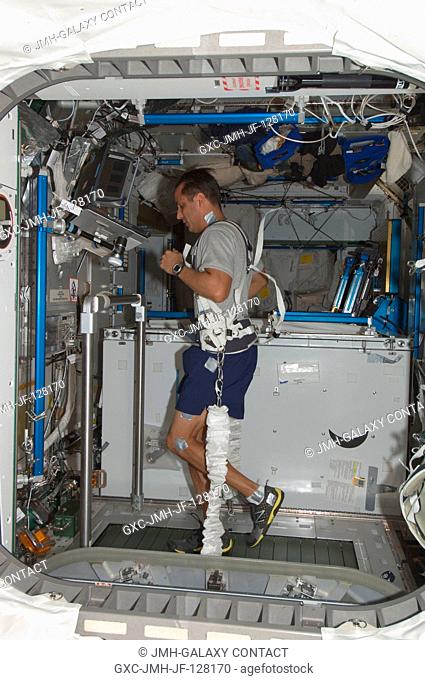 NASA astronaut Joe Acaba, Expedition 31 flight engineer, equipped with a bungee harness, exercises on the Combined Operational Load Bearing External Resistance...