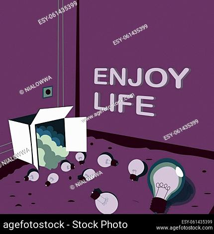 Text showing inspiration Enjoy Life, Business overview Any thing, place, food or person, that makes you relax and happy Light bulbs spilled out box symbolizing...