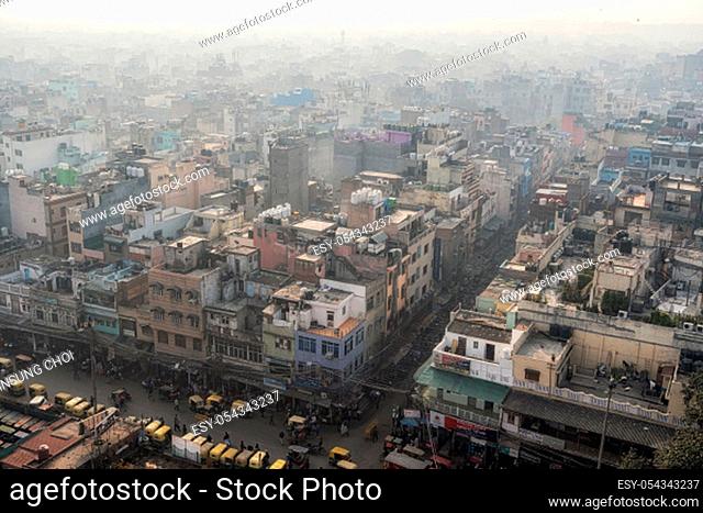 The view of Old Delhi from top of Jama Masjid mosque minaret. Taken in New Delhi, India