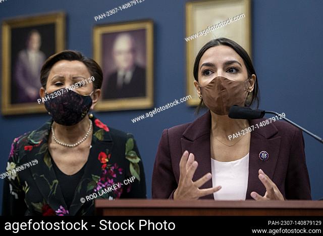 United States Representative Alexandria Ocasio-Cortez (Democrat of New York), right, and United States Representative Nydia Velazquez (Democrat of New York)...