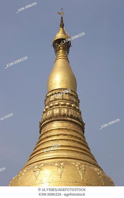 Detail of the golden dome, Shwedagon pagoda, Yangon, Myanmar, Asia