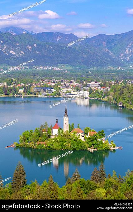 View of lake Bled at in spring with the small island and Assumption of Maria church. Bled, Upper Carniola, Slovenia
