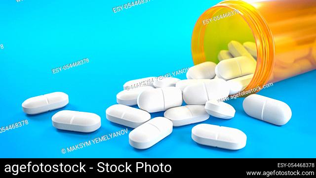 Pills and orange pill bottle on blue background with copy space. Prescription drugs. 3d ilustration