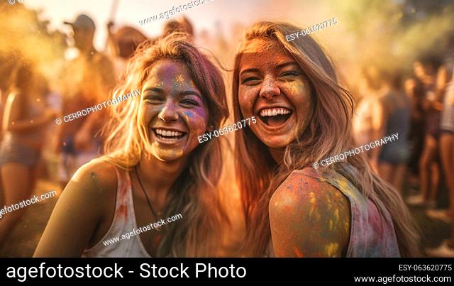 Group of friends having great time on music festival in the summer, Two young woman drinking beer and having fun at Beach party together