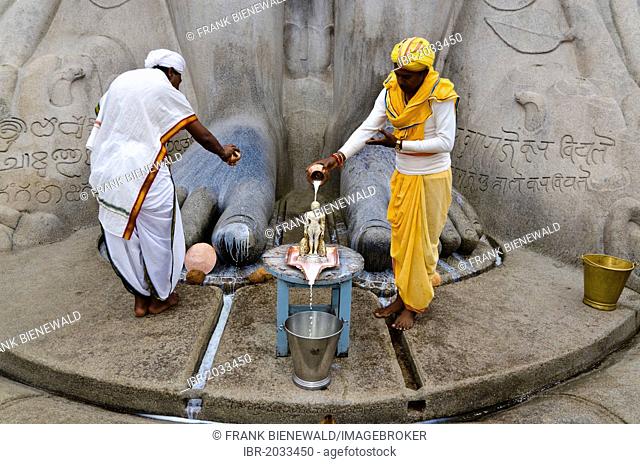 Two local priests are pouring milk over the feet of the statue of Lord Gomateshwara, the tallest monolithic statue in the world, dedicated to Lord Bahubali