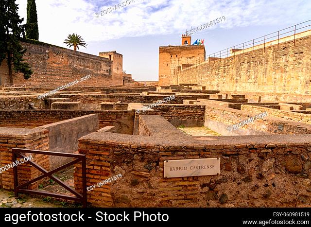 Granada, Spain - 5 February, 2021: view of the Alcazaba fortress and the Barrio Castrense in the Alhambra palace compelx in Granada