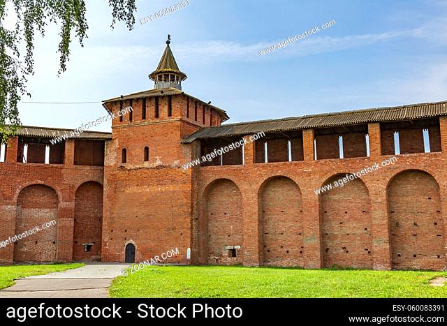 Kolomna, Russia - August 29, 2021: Part of the surviving brick wall of the ancient Kremlin in the old city. Built in the 16th century