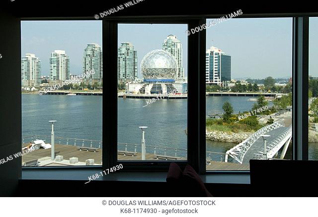 view from windows of an apartment at Canada House, Millennium, the former Vancouver Olympic Village, False Creek, Vancouver, BC, Canada