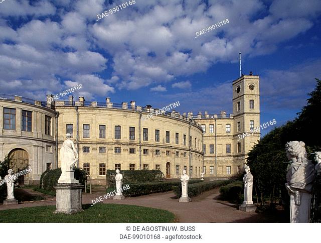 Glimpse of Great Gatchina Palace, 1766-1781, by Antonio Rinaldi (ca 1710-1794), with marble statues, Gatchina, near Saint Petersburg (UNESCO World Heritage List