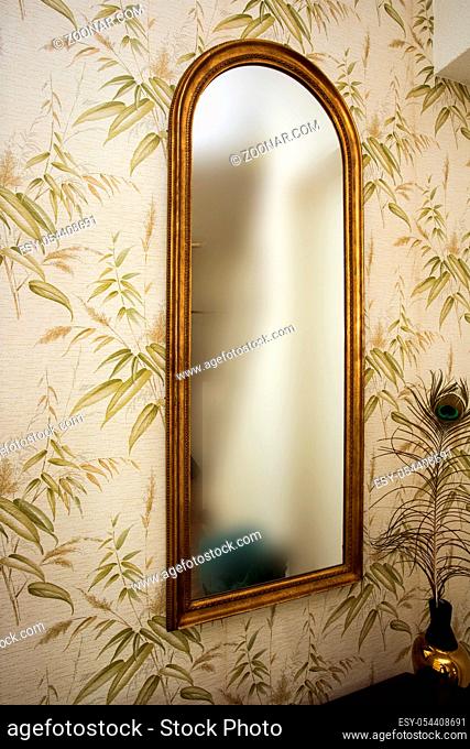 Long vintage mirror on wall with wallpaper and peacock feather antique retro design close-up