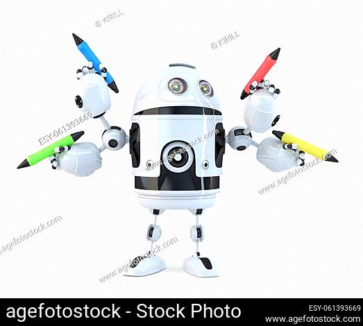 Robot with pencils. Multitasking concept. Isolated. Contains clipping path. 3d illustration