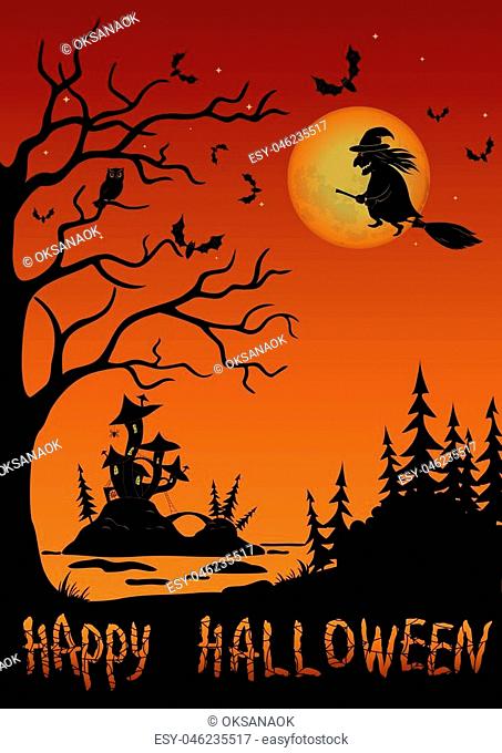 Holiday Halloween Landscape, Witch Flying on Broom Over Forest and Marsh With Castle Mushroom, Black Silhouette Against Tree With Owl, Bats And Moon in Sky