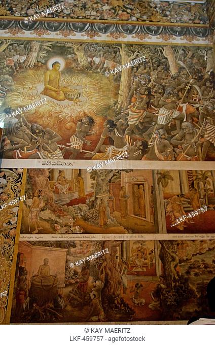 Wall painting, scenes from the life of Buddha, Kelaniya Raja Maha Vihara, buddhist temple, Colombo, Sri Lanka
