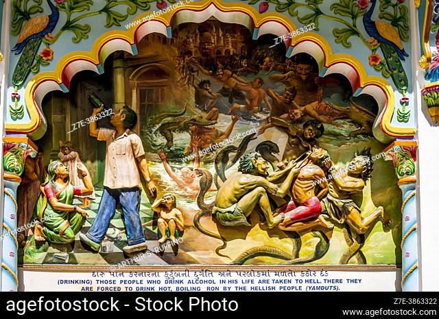 Panel relief. Shree Cutch Satsang Swaminarayan Temple. Haile Selassie Ave, Mombasa, Kenya, Africa