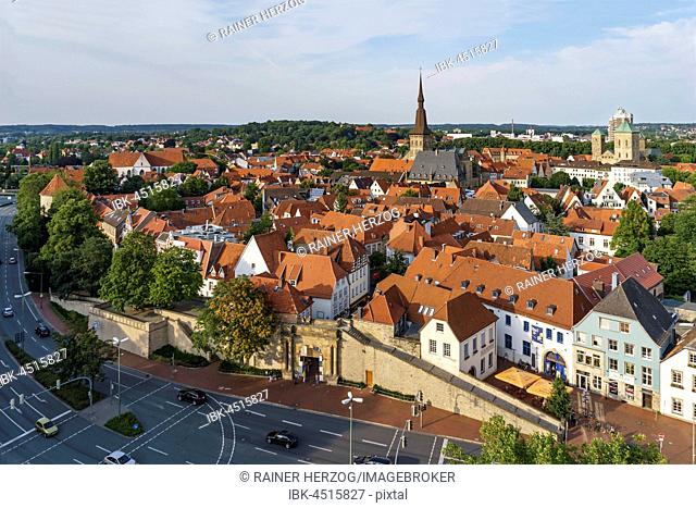 Historic centre with Heger Gate, Church of St. Marien and Cathedral at back, Osnabrück, Lower Saxony, Germany