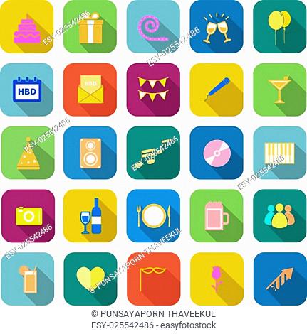 Birthday color icons with long shadow on white background