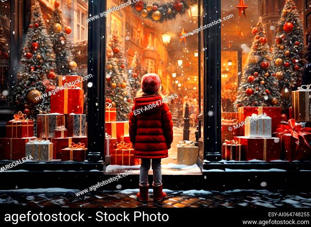 little girl in a red jacket looking through a display window at Christmas decorations and gifts in a store.Generative AI
