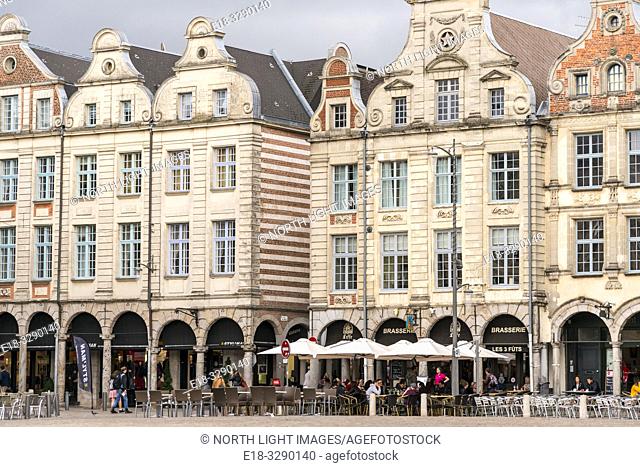 France, Arras. The Town Square surrounded by a unique architectural collection of Flemish-Baroque-style townhouses
