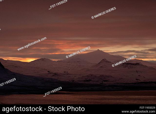 Majestic scenic mountain view at sunset, Hellissandur, Iceland
