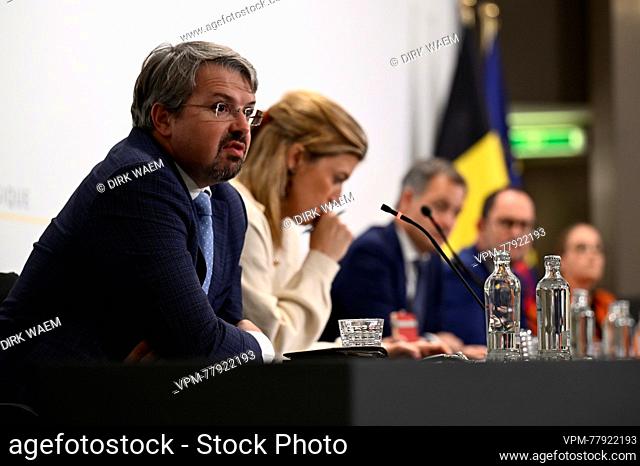 L-R, Belgian federal prosecutor Frederic Van Leeuw and Interior Minister Annelies Verlinden pictured at a pres conference after a meeting of the national...