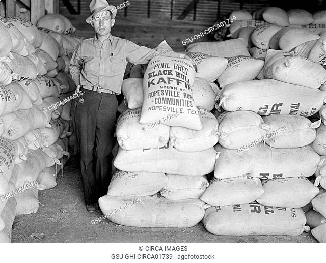 Project Manager with Bags of Kaffir Seed Grown by Resettled Farmers, Ropesville, Hockley County, Texas, USA, Arthur Rothstein for Farm Security Administration...