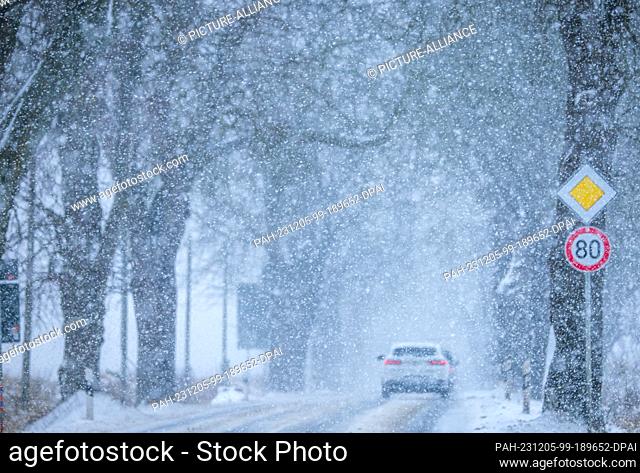 05 December 2023, Mecklenburg-Western Pomerania, Bobitz: Cars drive through an avenue in heavy snow. Heavy snowfall and temperatures below freezing hamper...